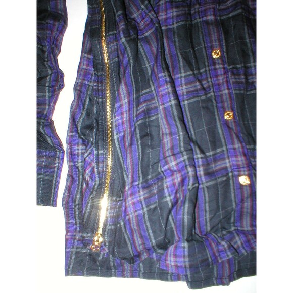 New Womens Designer True Religion S Plaid Top Logo Black Purple NWT Tunic Zip - Picture 5 of 7